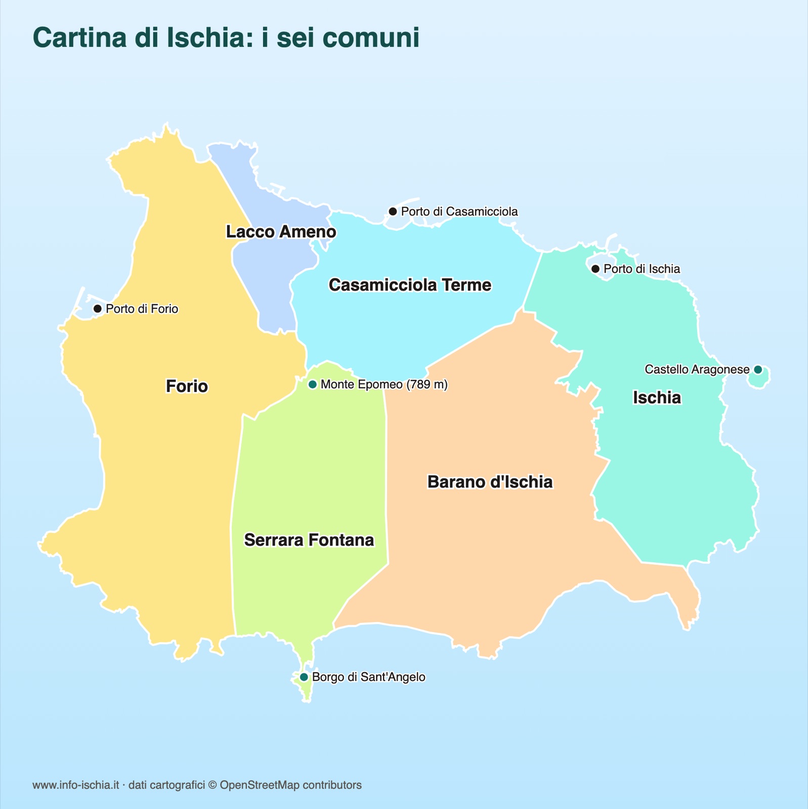 Cartina di Ischia con i sei comuni: Ischia, Casamicciola Terme, Lacco Ameno, Forio, Serrara Fontana e Barano d'Ischia