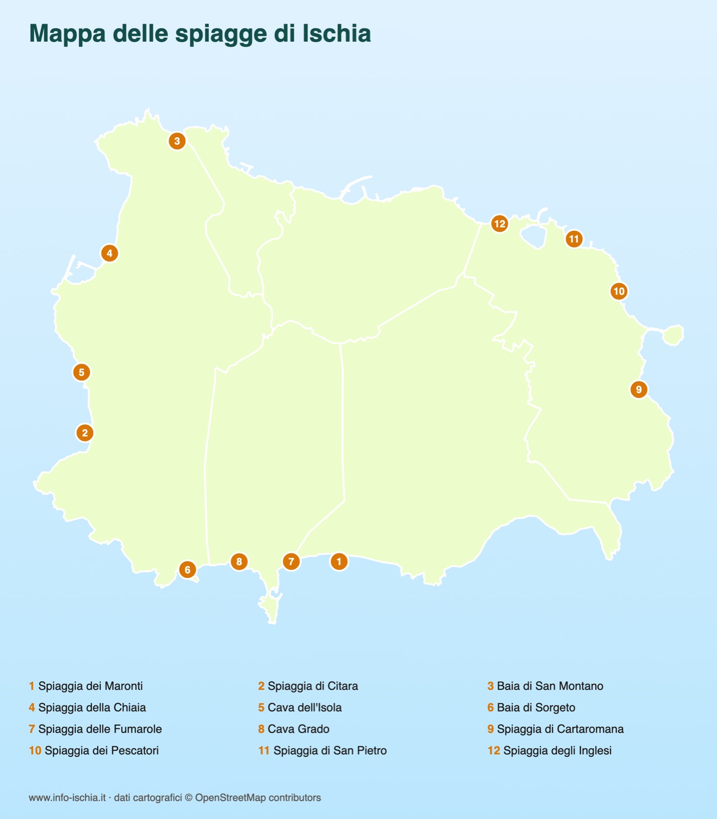 Mappa delle spiagge di Ischia: Maronti, Citara, San Montano, Chiaia, Sorgeto, Fumarole, Cartaromana e altre